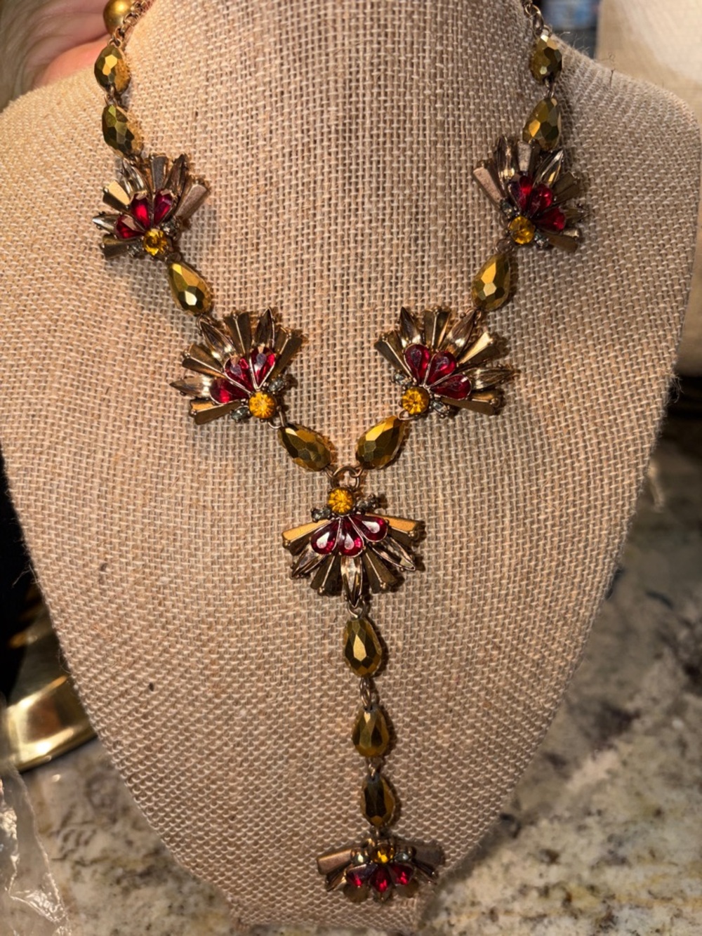 Gold-Tone Floral Drop Necklace with Red and Amber Stones